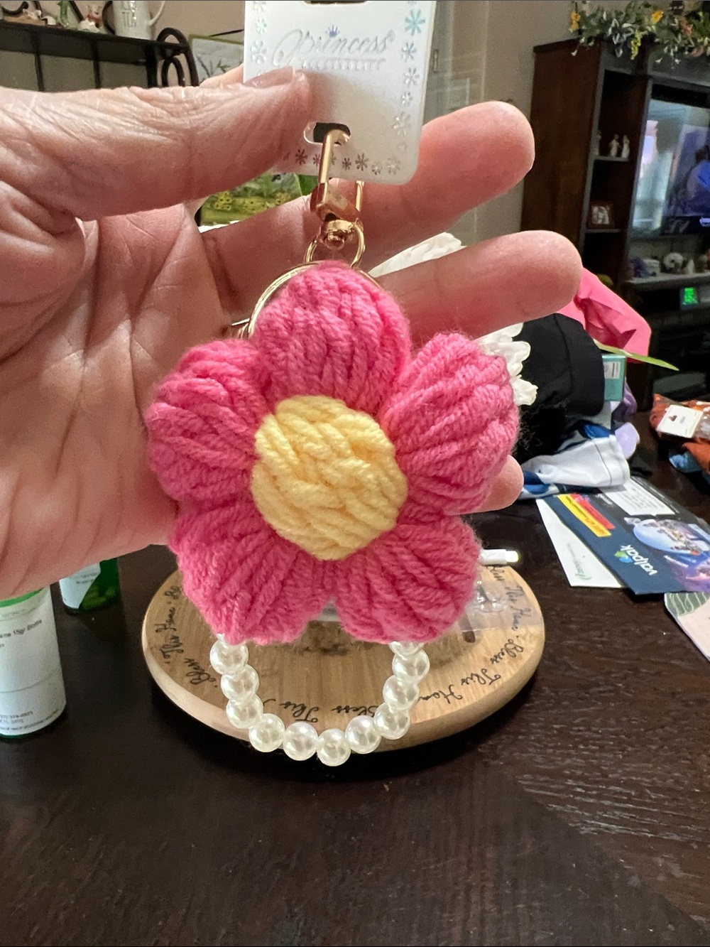New Princess Pink & Yellow Flower Keychain Wristlet with Pearl Loop